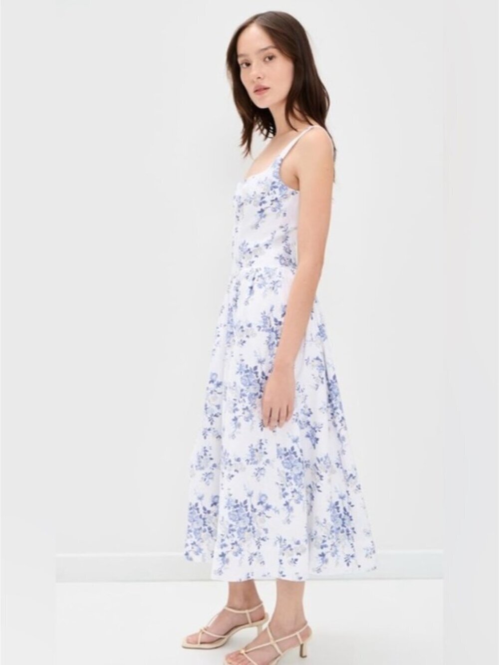 NEW Reformation Janu Midi Linen Dress Lana Floral Blue White | US 0 / UK 4 - Picture 3 of 15